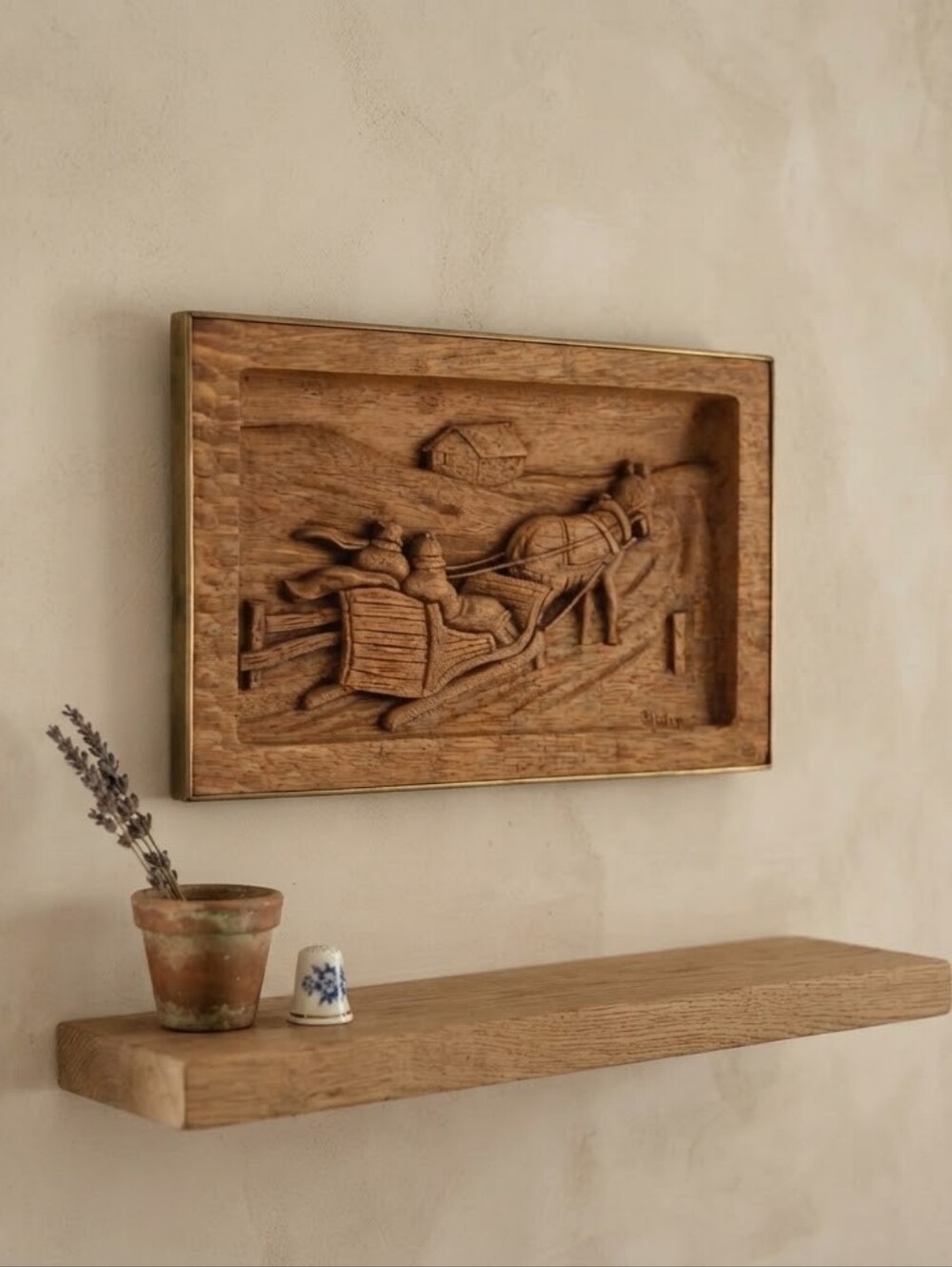 Vintage Hand-Carved Wooden Sleigh & Horse Winter Wall Art Plaque - Signed Dulin